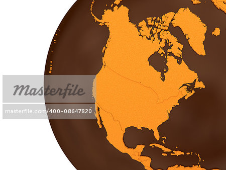 North America on chocolate model of planet Earth. Sweet crusty continents with embossed countries and oceans made of dark chocolate. 3D rendering. North America on chocolate model of planet Earth. Sweet crusty continents with embossed countries and oceans made of dark chocolate. 3D rendering.