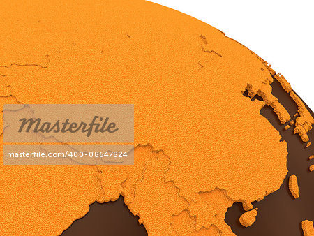 China on chocolate model of planet Earth. Sweet crusty continents with embossed countries and oceans made of dark chocolate. 3D rendering. China on chocolate model of planet Earth. Sweet crusty continents with embossed countries and oceans made of dark chocolate. 3D rendering.
