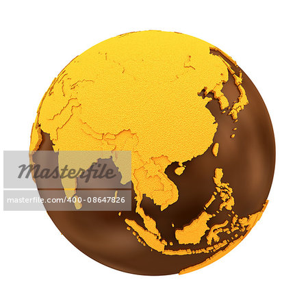 Southeast Asia on chocolate model of planet Earth. Sweet crusty continents with embossed countries and oceans made of dark chocolate. 3D illustration isolated on white background. Southeast Asia on chocolate model of planet Earth. Sweet crusty continents with embossed countries and oceans made of dark chocolate. 3D illustration isolated on white background.