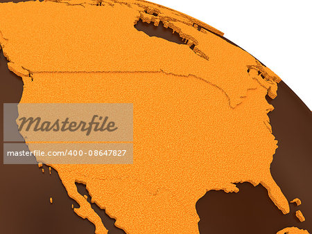 USA on chocolate model of planet Earth. Sweet crusty continents with embossed countries and oceans made of dark chocolate. 3D rendering. USA on chocolate model of planet Earth. Sweet crusty continents with embossed countries and oceans made of dark chocolate. 3D rendering.