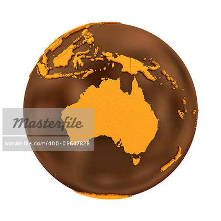 Australia on chocolate model of planet Earth. Sweet crusty continents with embossed countries and oceans made of dark chocolate. 3D illustration isolated on white background.