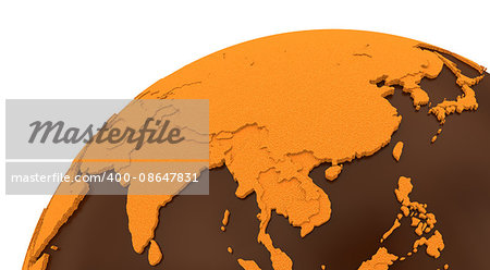 Southeast Asia on chocolate model of planet Earth. Sweet crusty continents with embossed countries and oceans made of dark chocolate. 3D rendering. Southeast Asia on chocolate model of planet Earth. Sweet crusty continents with embossed countries and oceans made of dark chocolate. 3D rendering.