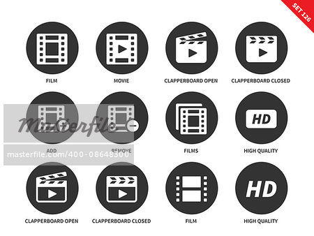 Video vector icons set. Film industry and media concept, filming equipment. Film, movie, clapperboard open and closed, add, remove, hd,  Isolated on white background