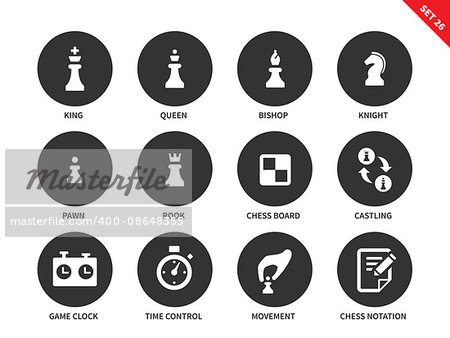 Chess figures vector icons set. Intellectual game concept. Equipment for playing chess, king, queen, bishop, knight, pawn, rook, board, game clock and chess notation. Isolated on white background