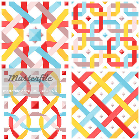 Chic vector seamless pattern with flat ribbons. Geometric background with interwoven pastel colored strips. Vector illustration. Blue, red and yellow crossed tape. Colorful modern seamless background