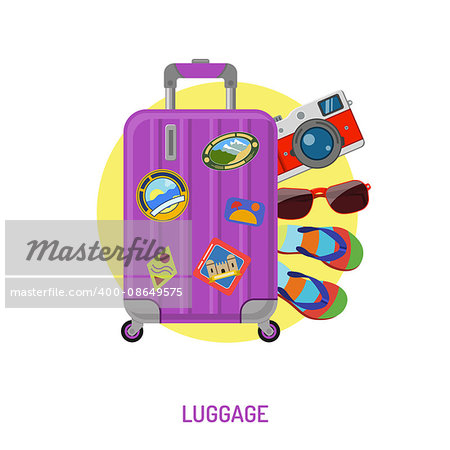 Vacation and Tourism Concept with Flat Icons for Mobile Applications, Web Site, Advertising like Luggage, Label and Camera.