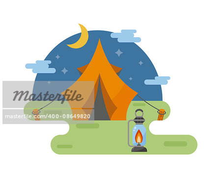 Forest camping vector concept with tourist outdoor night view tent. Outdoor tent summer nature leisure and activity camping outdoor tent. Forest sport landscape campsite outdoor tent on green grass wilderness.