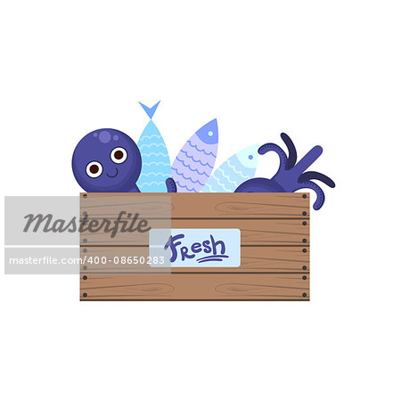 Crate With Fish And Seafood Flat Primitive Design Bright Color Vector Icon On White Background