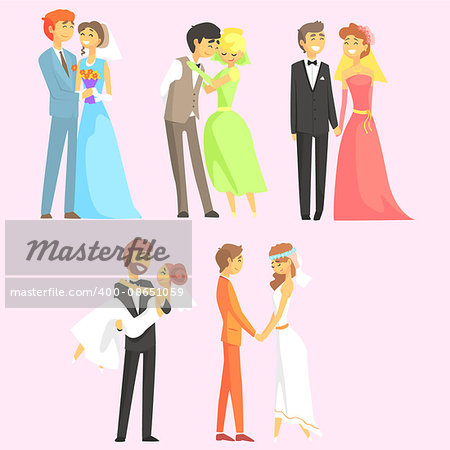 Couples Getting Married Flat Cool Cartoon Style Vector Drawings Set