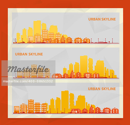 Cityscape sets with various parts of a city. Small towns or suburbs and downtown silhouettes. Illustration divided on layers for create parallax effect