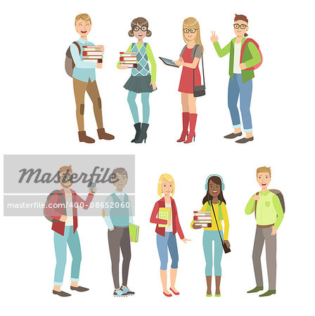 College Students Set Of Simple Cartoon Flat Vector Colorful Characters On White Background