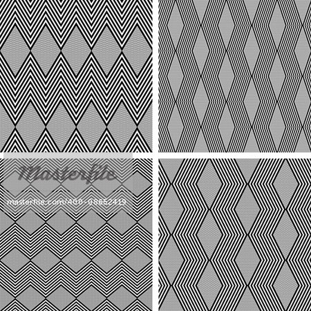Seamless zig zag and diamond shape patterns. Geometric textures set. Vector art.