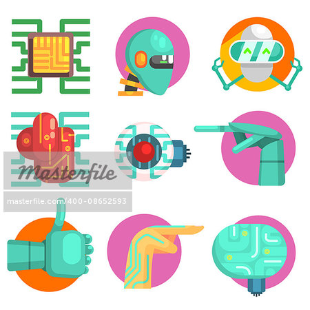 Robotic Technology Set Of Flat Colorful Simplified Graphic Style Icons Isolated On White Background