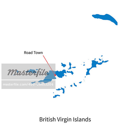 Detailed vector map of British Virgin Islands and capital city Road Town