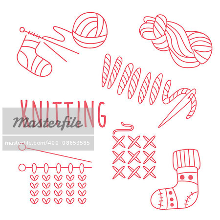 Knitting Related Object Set With Text Hand Drawn Simple Vector Illustration Is Sketch Style
