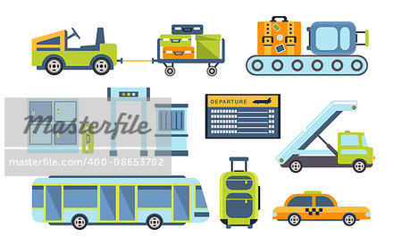 Airport Related Objects Collection Of Simplified Flat Cartoon Style Vector Stickers Isolated On White Background