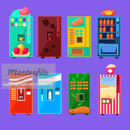 Food And Drink Vending Machines Design Set In Primitive Bright Cartoon Flat Vector Style Isolated On Blue Background
