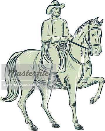 Etching engraving handmade style illustration of a calvary soldier riding horse viewed from front set on isolated white background.