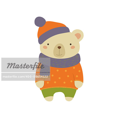 White Bear In Polka-dotted Sweater Adorable Cartoon Character. Stylized Simple Flat Vector Colorful Drawing On White Background.