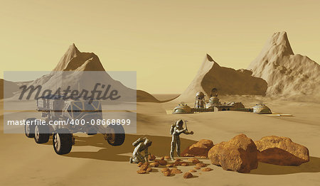 Two explorers take their vehicle to find rock samples to take back to their Mars habitat.