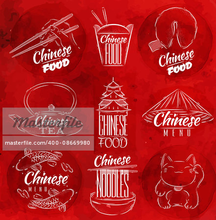 Set of symbols icons chinese food in retro style lettering chinese noodles, lucky cat, chinese tea, chopsticks, fortune cookies, chinese takeout box in red watercolor background