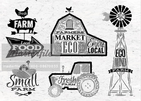 Farm characters in vintage style lettering in tractor barn and the mill and the sign field stylized drawing