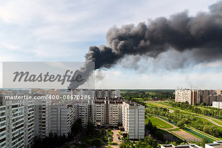 Black smoke from a major fire in a Moscow, Russia