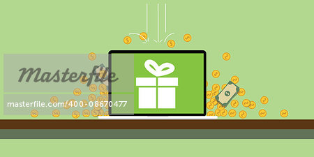 bonus wih gift box on the screen of the laptop and gold coins money falling from the sky vector illustration