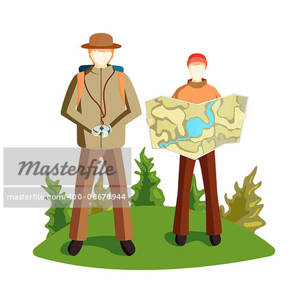Concept of tourists couple with GPS icons map terrain orientation. Navigation on mountains terrain orientation. Global positioning system terrain orientation. Characters tourist with map camping.