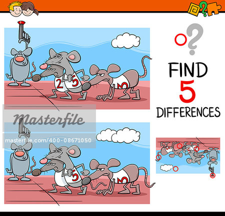Cartoon Illustration of Finding Differences Educational Activity Task for Preschool Children with Rat Race Saying