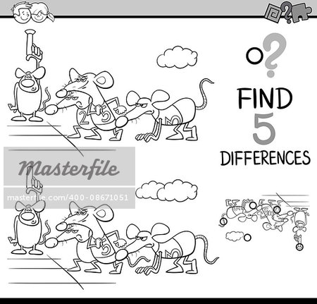 Black and White Cartoon Illustration of Finding Differences Educational Activity Task for Preschool Children with Rat Race Saying for Coloring Book