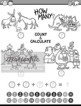 Black and White Cartoon Illustration of Educational Mathematical Count and Calculate Activity Task for Preschool Children Coloring Book