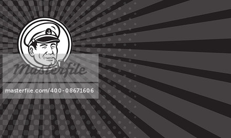 Business card showing Black and white illustration of a sea captain, shipmaster, skipper, mariner wearing hat cap smoking smoke pipe set inside circle.