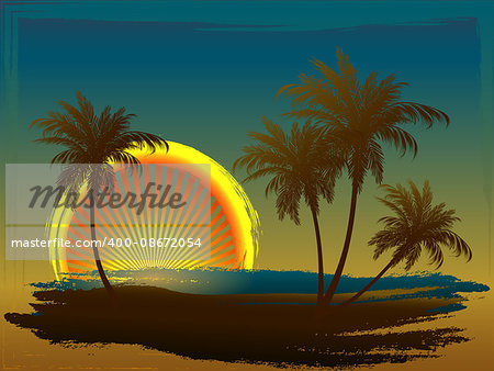 Palm trees in the sun. Styling on a colored background. Sunset. The sun gate.