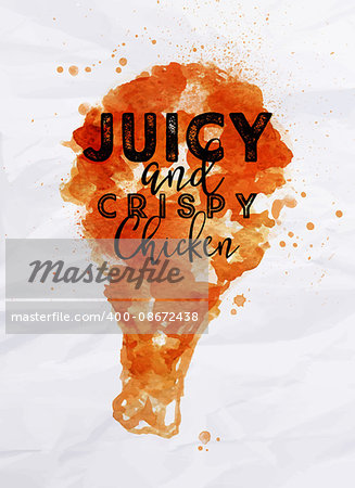Poster chicken lettering juicy and crispy chicken drawing on crumpled paper background