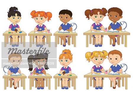 Funny pupils sit on desks read draw clay cartoon asian african isolated illustration set, india, europe