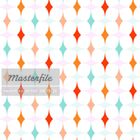 Abstract geometric pattern with orange, blue, and pink curved diamonds on white background. Seamless repeat.