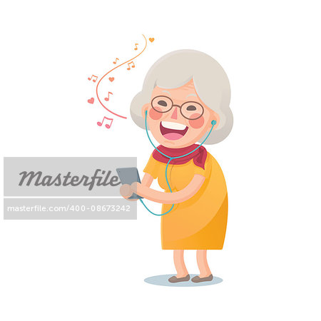 Vector Illustration of Happy Grandma Listen the Music From Smart phone Isolated  on White Background, Cute Cartoon Character