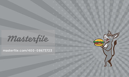 Business card showing illustration of a donkey, ass, mule or horse mascot serving up a hamburger burger sandwich shown in full body viewed from the side set on isolated white background done in retro style.