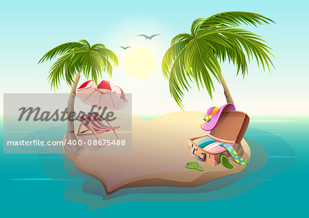 Tropical island and palm trees in blue sea. Vector cartoon illustration