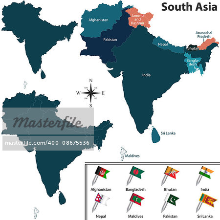Vector of political map of South Asia set with flags on white background