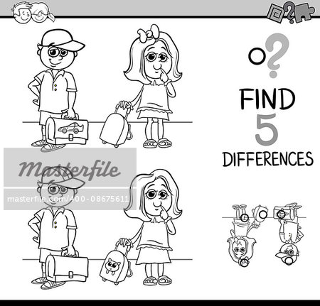 Black and White Cartoon Illustration of Finding Differences Educational Activity Task with School Children for Coloring Book