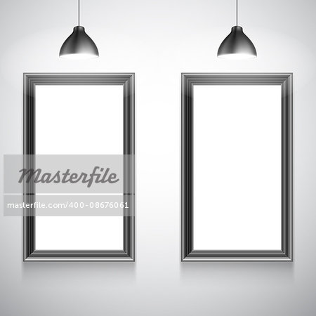 Two blank white poster frames inside gallery interior. Poster mock-up template