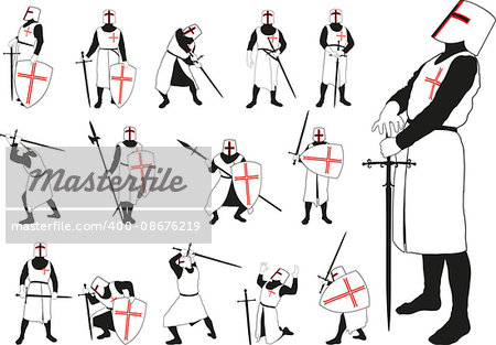 Medieval knight in armor and helmet in different defensive and offensive positions