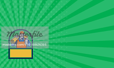 Business card showing illustration of a male carpet layer smiling with thumbs up and carrying roll of mat carpet on shoulder viewed from front set inside half circle done in retro style.