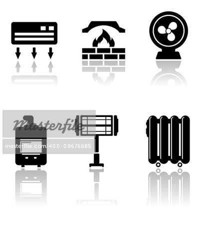 set of heating and cooling icons with mirror reflection