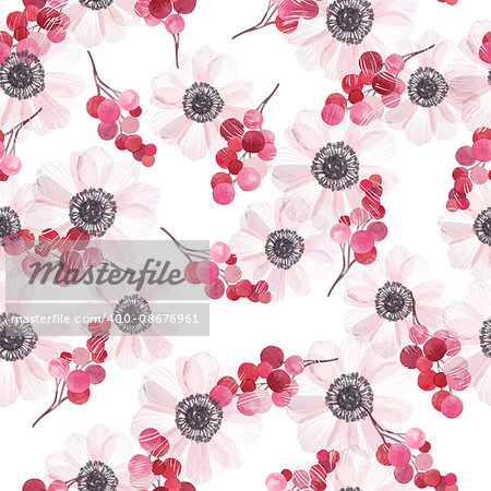 Seamless pattern with anemones and branches of red berries in vintage watercolor style, vector illustration.