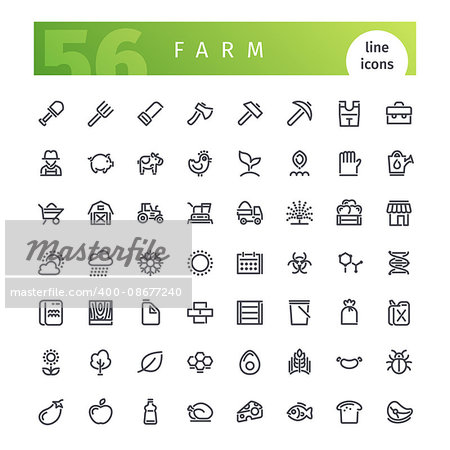 Set of 56 farm line icons suitable for gui, web, infographics and apps. Isolated on white background. Clipping paths included.