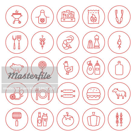 Line Circle BBQ Icons Set. Vector Illustration of Outline Grill Menu Objects.