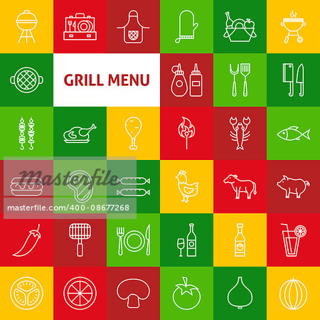Vector Line Grill Menu Icons. Thin Outline Barbecue Menu Symbols over Colorful Squares.